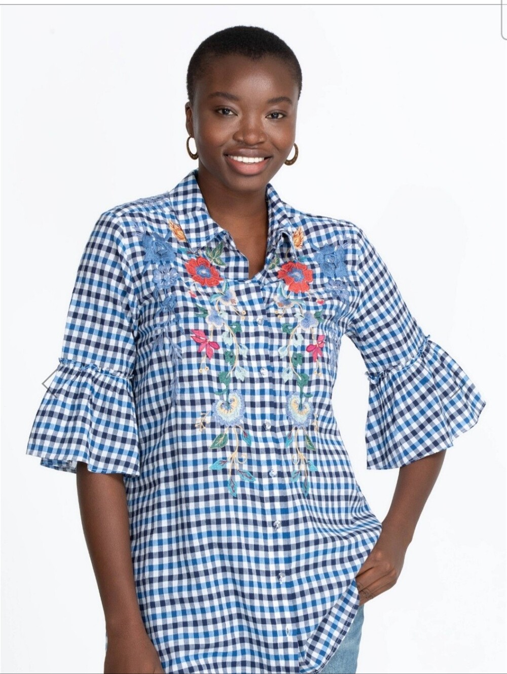 Johnny Was Blue and White Gingham Embroidered Ruffle-Sleeve Button-Down Size M